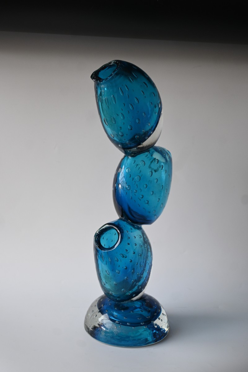 Large Murano  Bullicante Art Glass Sculpture Vase – Triple Stacked Form, Aqua Blue-photo-2
