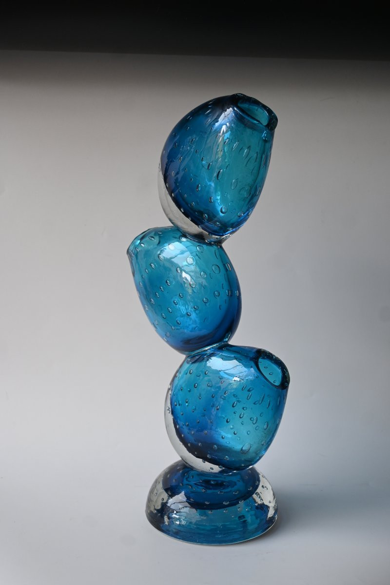 Large Murano  Bullicante Art Glass Sculpture Vase – Triple Stacked Form, Aqua Blue-photo-1