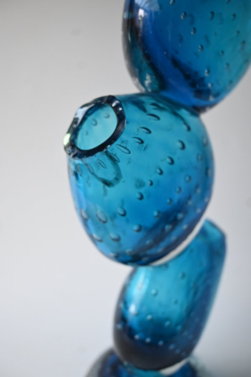 Large Murano  Bullicante Art Glass Sculpture Vase – Triple Stacked Form, Aqua Blue-photo-4