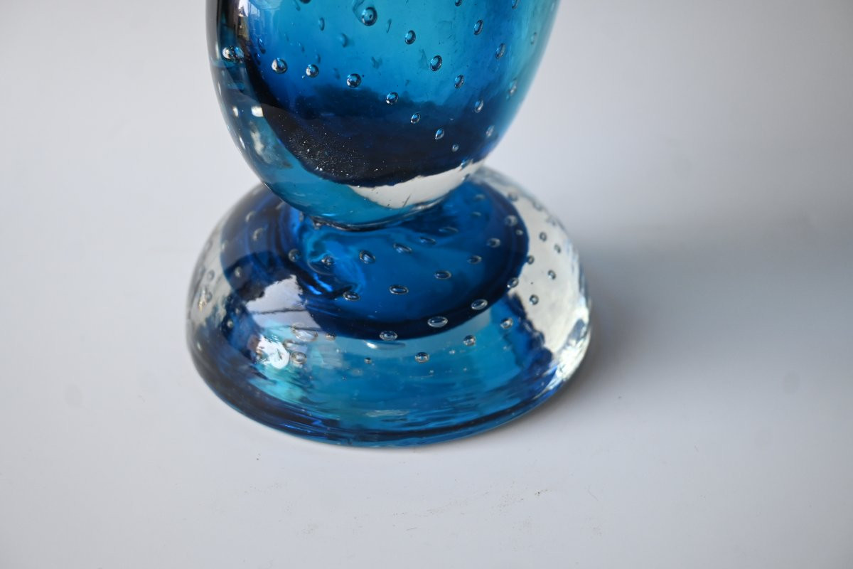 Large Murano  Bullicante Art Glass Sculpture Vase – Triple Stacked Form, Aqua Blue-photo-5