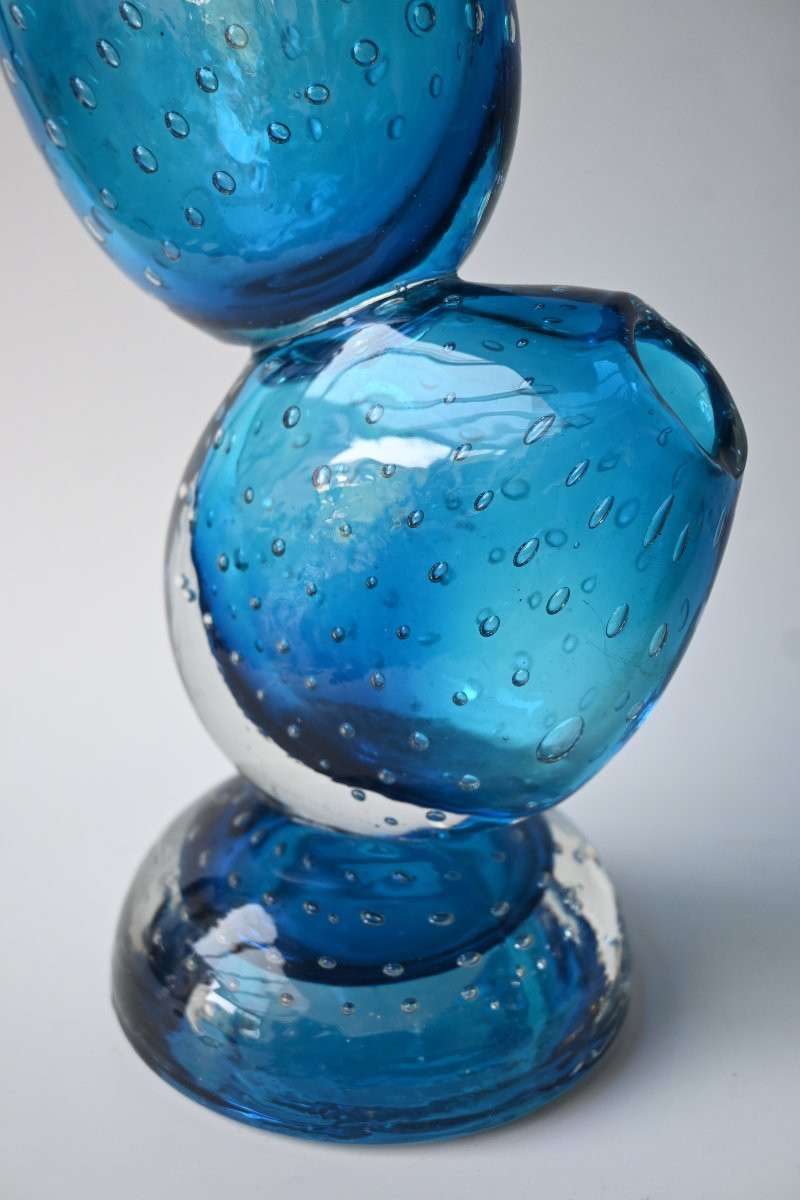 Large Murano  Bullicante Art Glass Sculpture Vase – Triple Stacked Form, Aqua Blue-photo-6