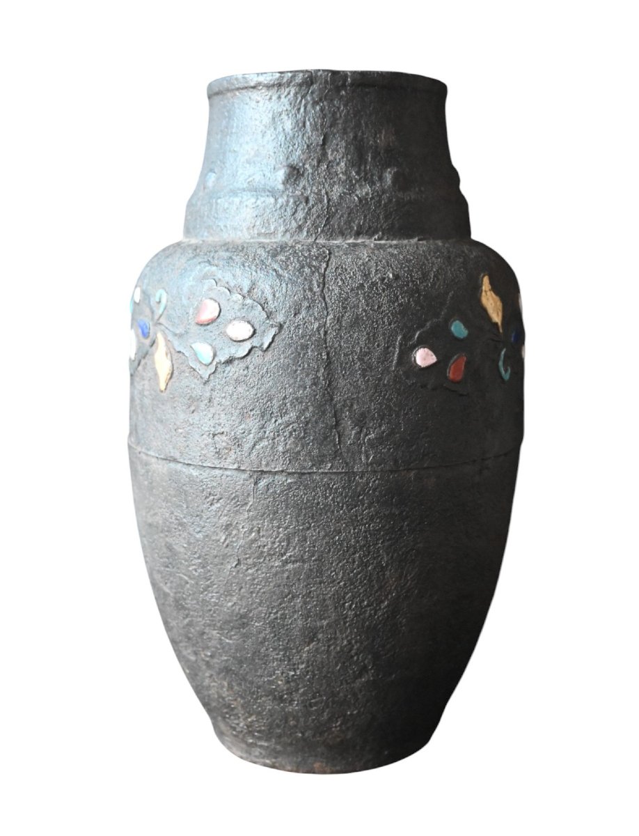 Iron Vase With Champlevé Enamel Inlays – China, Qing Dynasty, 30 Cm-photo-2