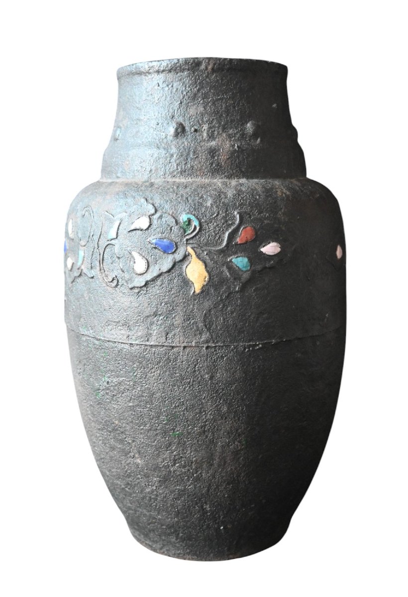 Iron Vase With Champlevé Enamel Inlays – China, Qing Dynasty, 30 Cm-photo-4