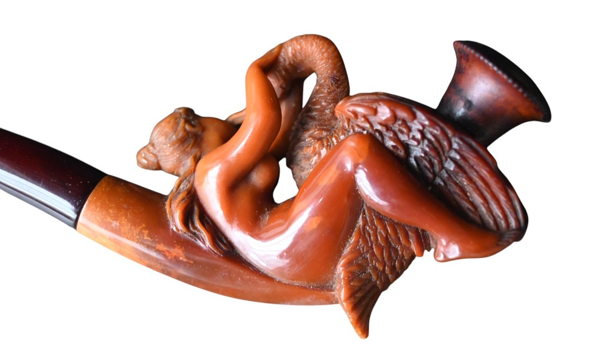Pipe ancienne en écume de mer – Léda et le Cygne, sculpture érotique –  vers 1900-photo-2