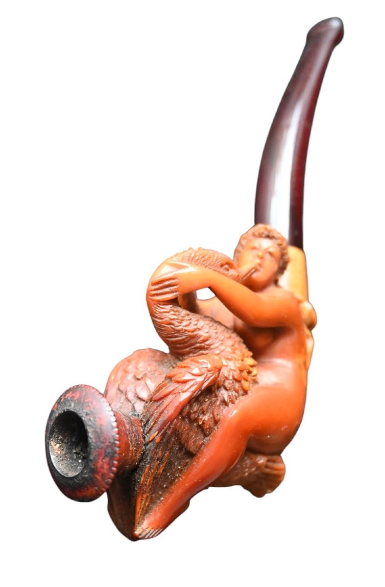 Pipe ancienne en écume de mer – Léda et le Cygne, sculpture érotique –  vers 1900-photo-6