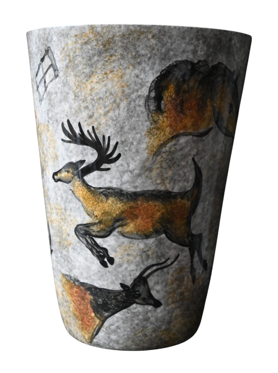 Vase Vallauris années 1950 – Décor préhistorique “Lascaux” – Décor main – H. 26,5 cm-photo-1