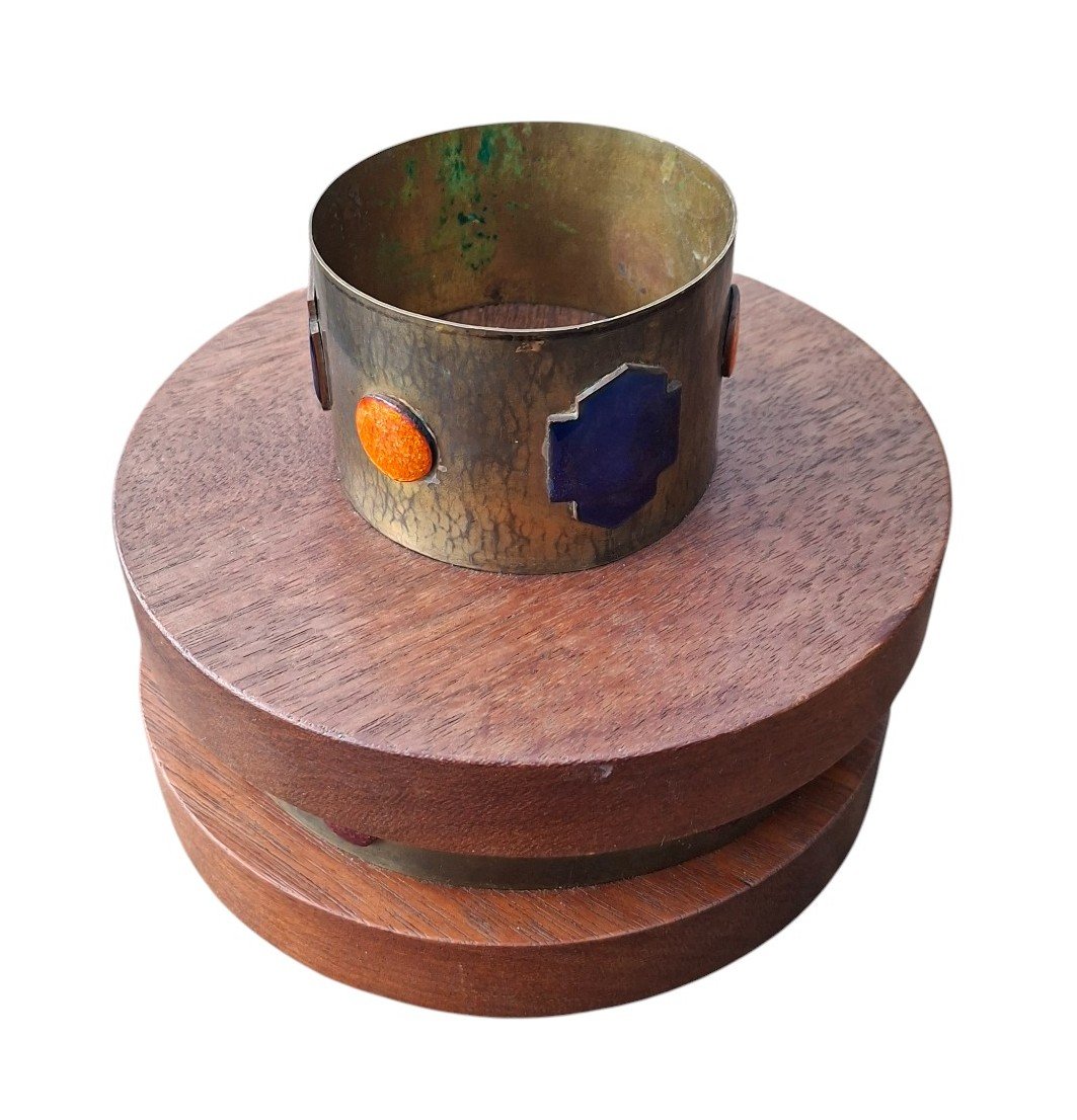 Modernist Cachepot/vase In Brass, Enamel And Teak – Circa 1945–1955-photo-4