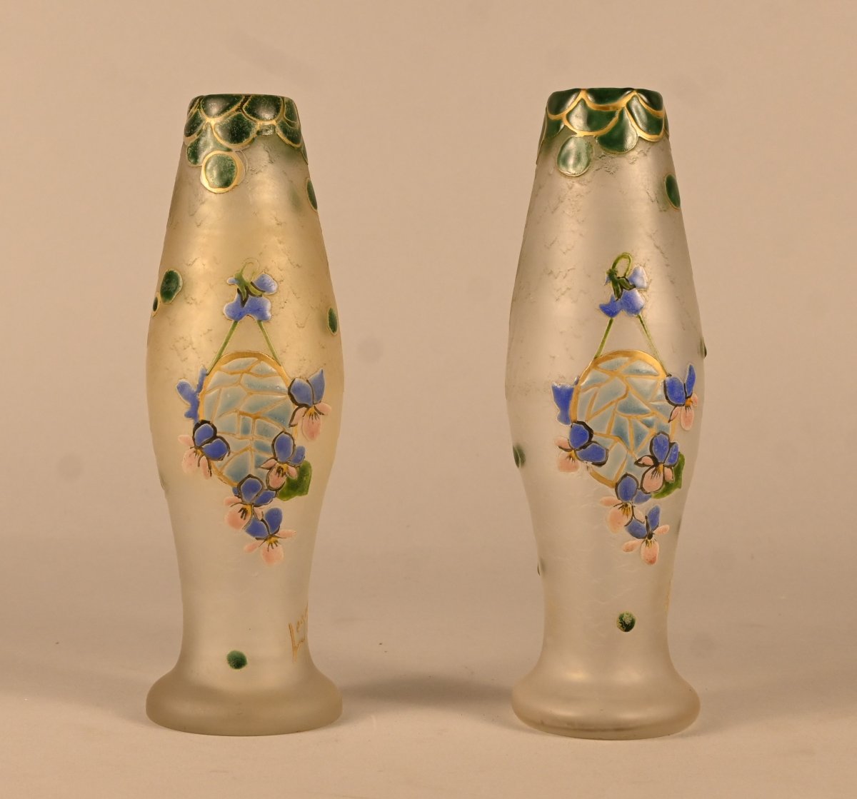 Pair Of Art Nouveau Enamelled Glass Vases Signed Legras
