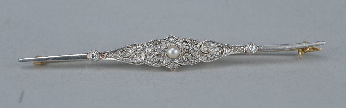 Broche Belle Époque en or, platine, perle et diamants