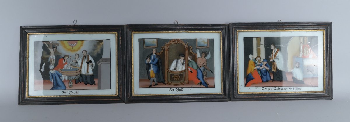 A Series Of Six Religious Eglois Paintings Under Glass, 19th Century-photo-2