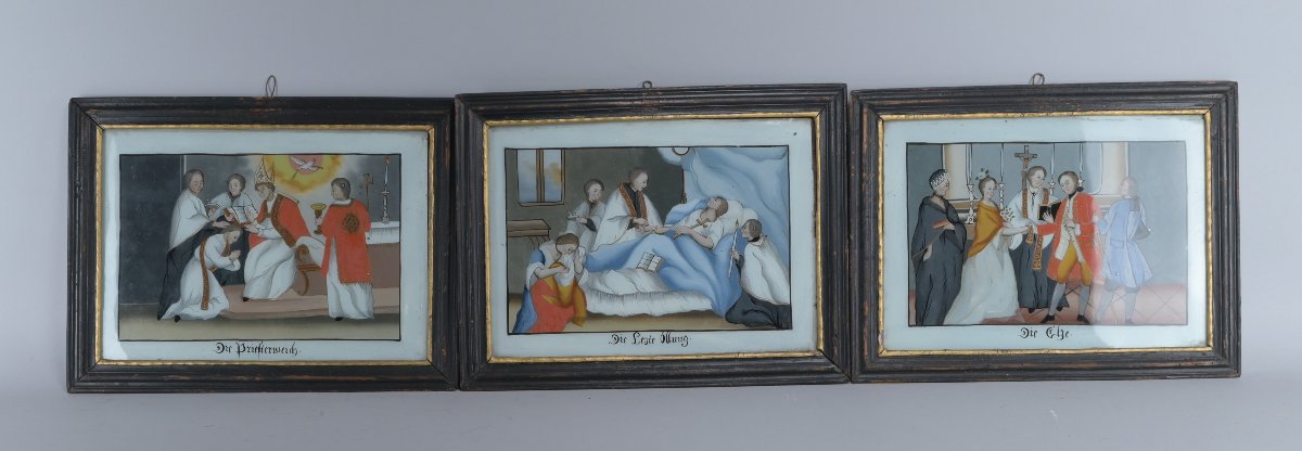 A Series Of Six Religious Eglois Paintings Under Glass, 19th Century-photo-3