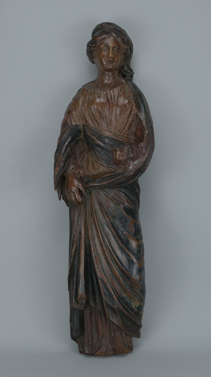 Sculpture religieuse en noyer polychrome – figure féminine, probablement la Vierge – 54 cm