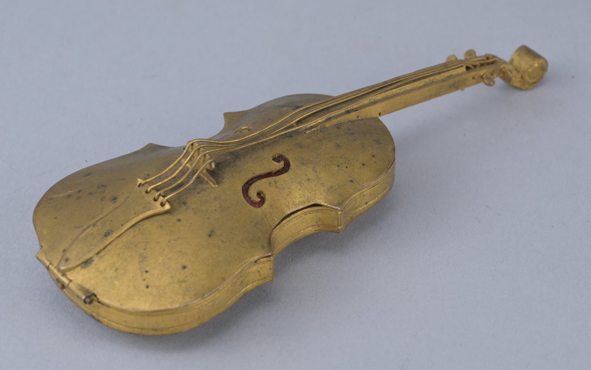 Brass Box Shaped Like A Cello, Circa 1900-photo-2