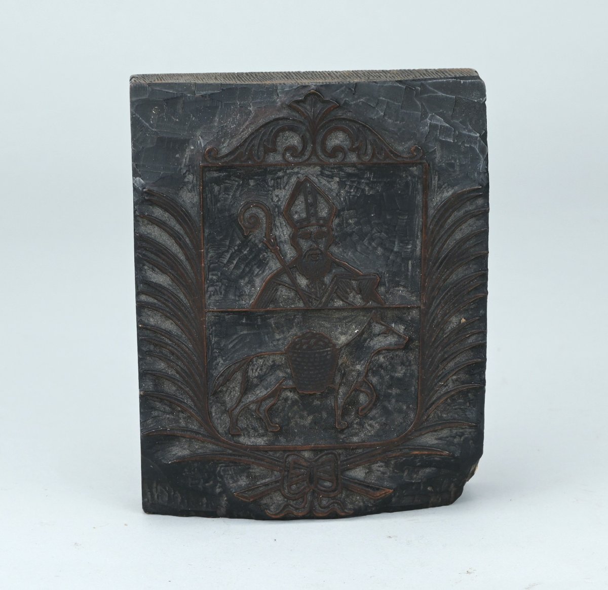 Bloc d’impression en bois sculpté en relief aux armoiries de Stavelot – style Louis XIV