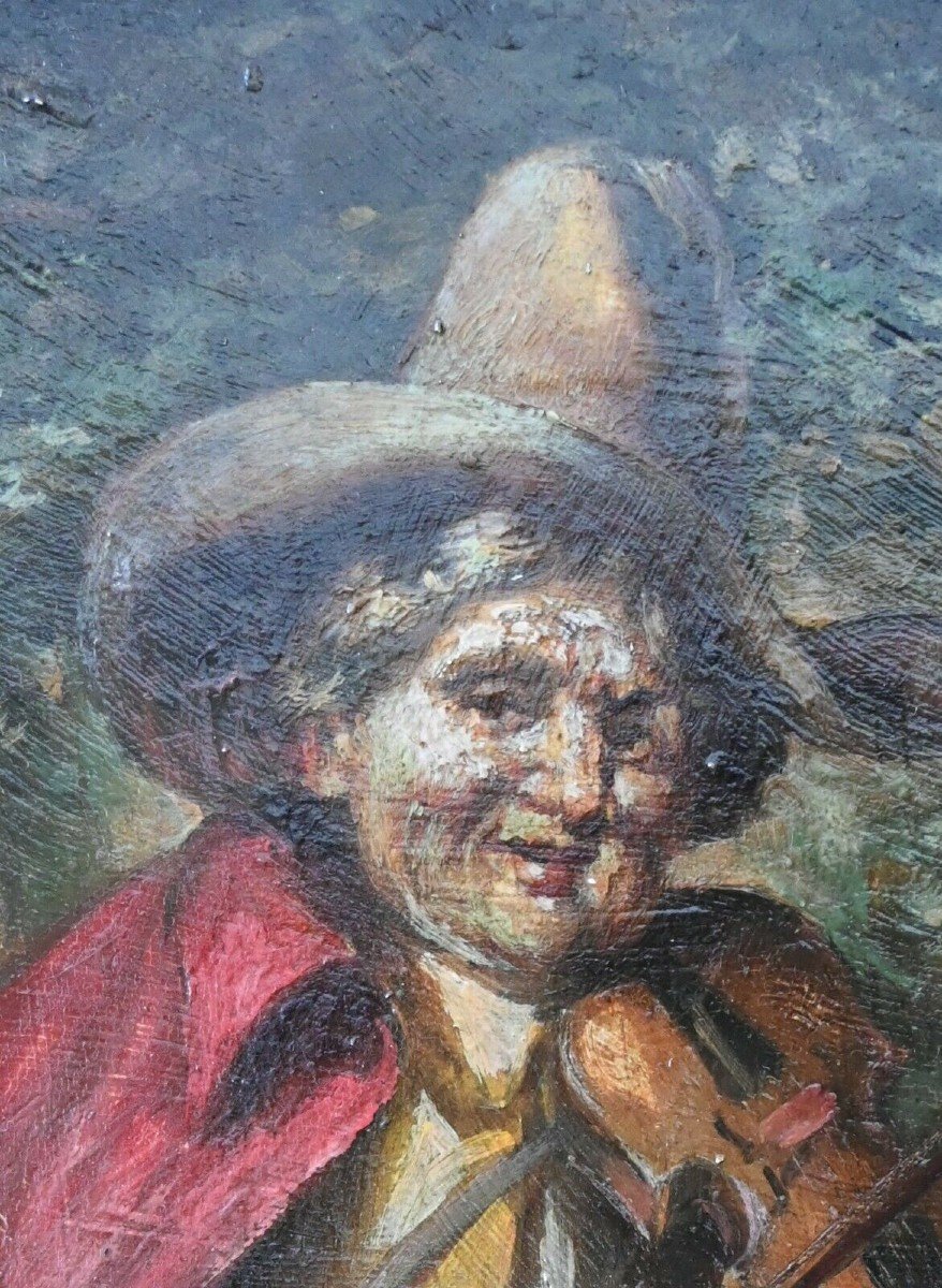 Peinture à l'Huile Ancienne Du XIXe Siècle Sur Panneau d'Un Joueur De Violon-photo-1