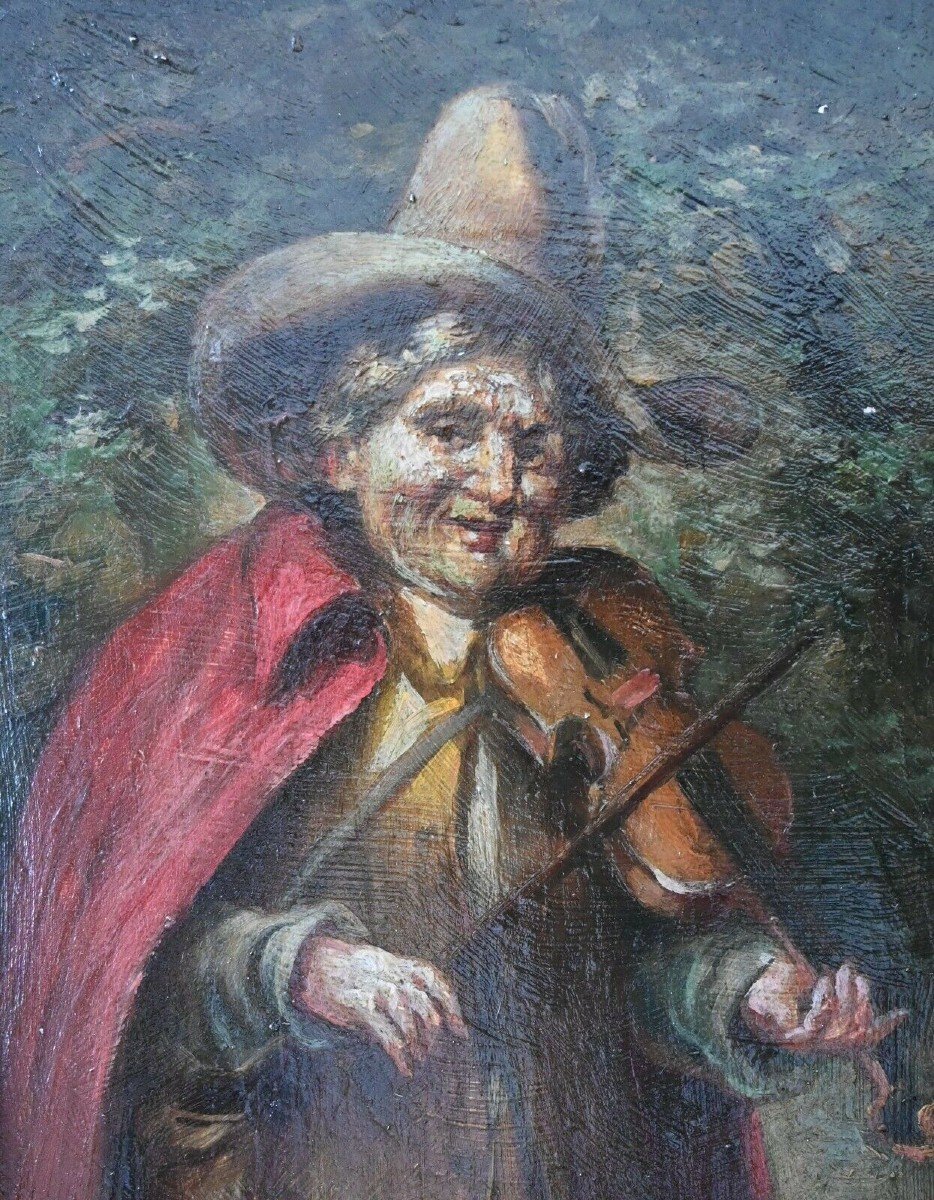 Peinture à l'Huile Ancienne Du XIXe Siècle Sur Panneau d'Un Joueur De Violon-photo-2