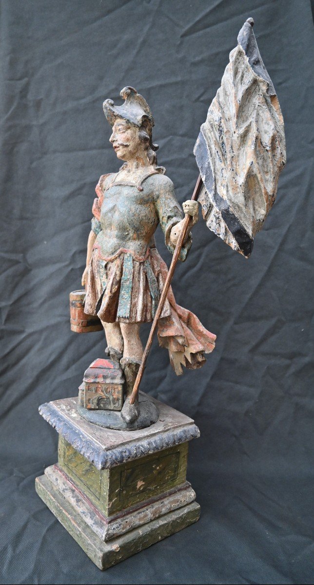  Statue De Saint Florian En Bois Sculpté Polychrome Italien Du 17ème Siècle-photo-4