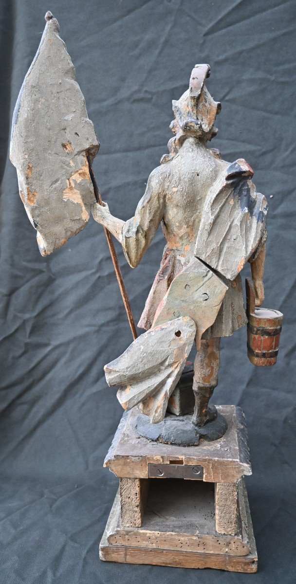  Statue De Saint Florian En Bois Sculpté Polychrome Italien Du 17ème Siècle-photo-3