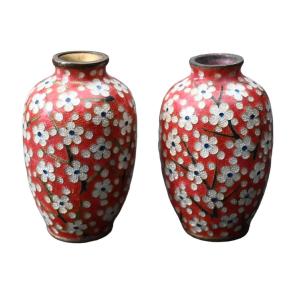 Japon Paire De Vases Avec émaux Cloisonné , Meiji (fin 19eme Siècle)