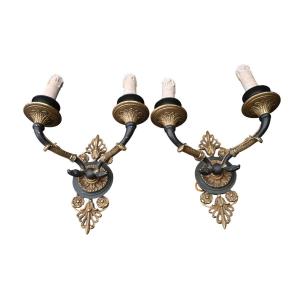 Pair Of Empire Sconces In Gilt And Patinated Bronze