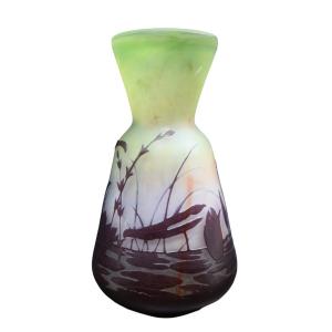 Gallé Art Deco Glass Paste Vase, Decor With A Grasshopper