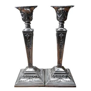 Pair Of Large Candlesticks (31.5 Cm) In Sterling Silver From Topazio, Portugal