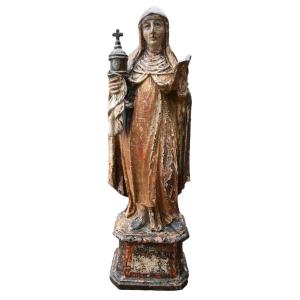 Sainte Claire d'Assise, Statue En Bois Polychrome, Fin XVIe-début XVIIe Siècle