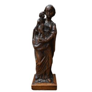 Virgin And Child Carved In Walnut Wood, 16th-17th Century