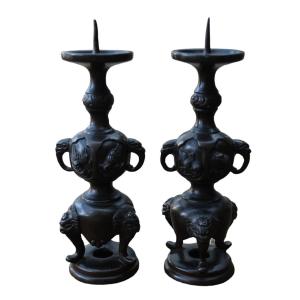 Pair Of Miniature Chinese Bronze Candlesticks