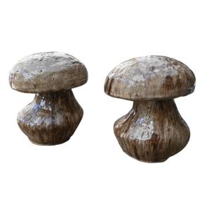 Pair Of Stoneware Mushrooms, Handcrafted In The 1950s