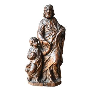 Saint Joseph avec  l'Enfant Jezus, statue en bois 17éme siécle