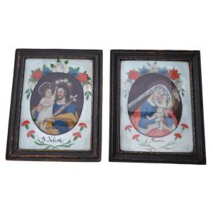 Pair Of  Under Glass Paintings, églomisé, 19th Century