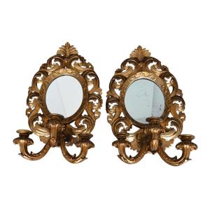 Pair Of Gilded Carved Wood Mirrors/sconces, 19th Century