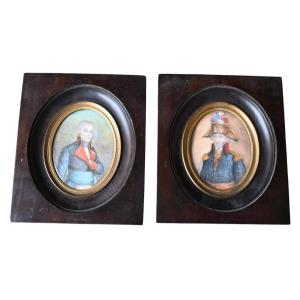 Pair Of Napoleonic Miniature Portraits Of Commander Jean-baptiste Raymond De Lacrosse