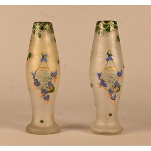 Pair Of Art Nouveau Enamelled Glass Vases Signed Legras