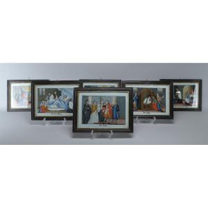 A Series Of Six Religious Eglois Paintings Under Glass, 19th Century