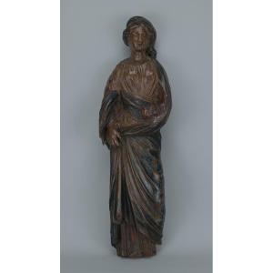Sculpture religieuse en noyer polychrome – figure féminine, probablement la Vierge – 54 cm
