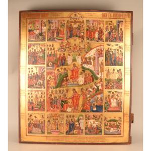 Grande icône russe (62,5 × 53,5 cm) de la Résurrection, XIXe siècle