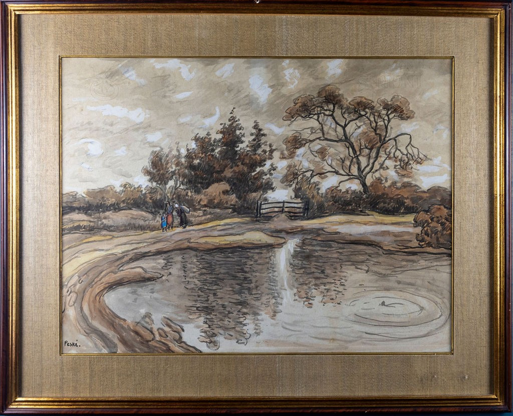 Jean Peské 1870 -1949 Bord d'étang avec personnages
