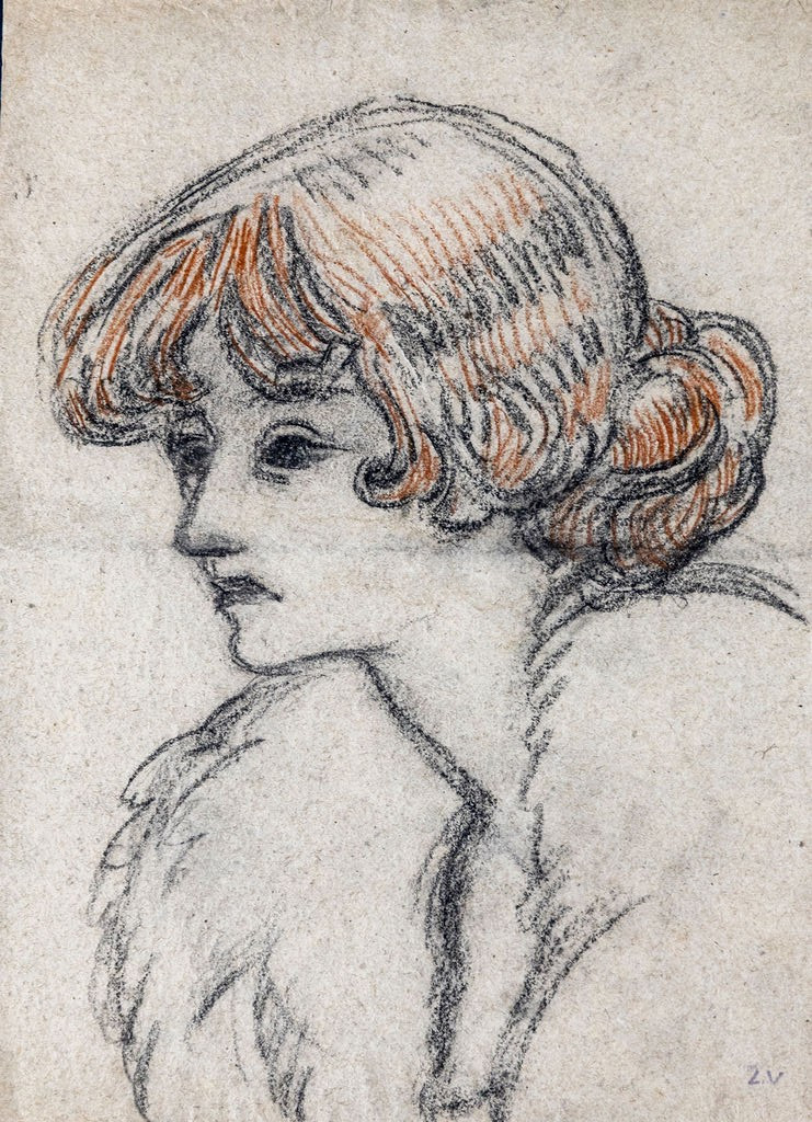 Louis Valtat 1869-1952: Femme au col de fourrure ,fusain et sanguine,cachet en bas ,encadré