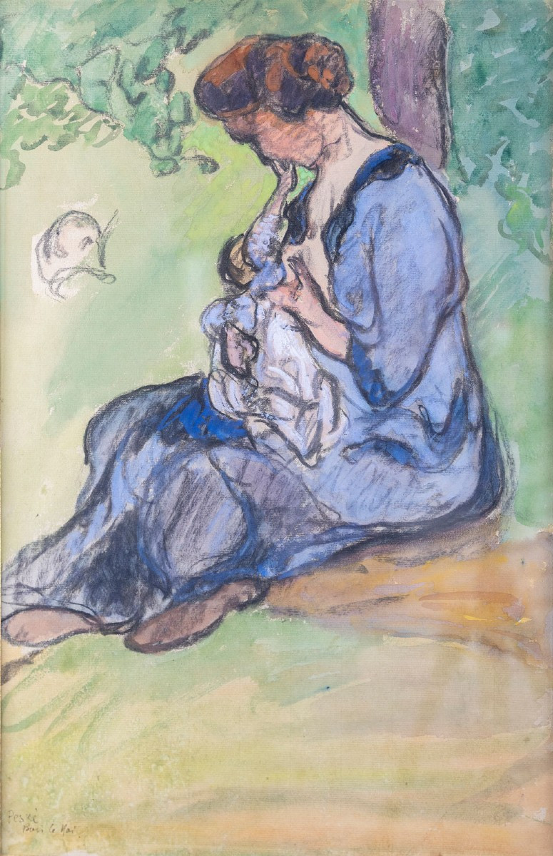 Jean Peské 1870 -1949  Femme allaitante Encre et aquarelle, encadré