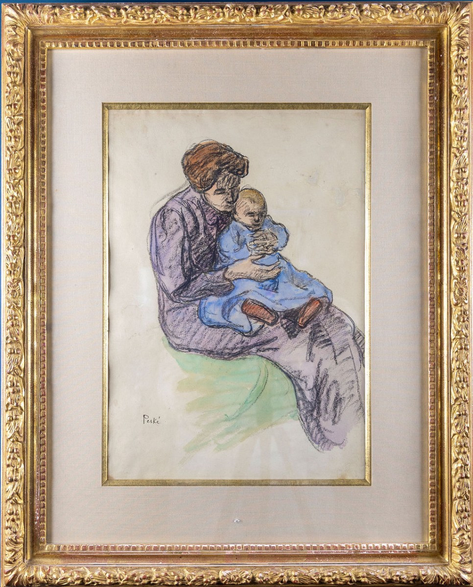 Jean Peské 1870 -1949 :  Maternité Encre et aquarelle, signé en bas à gauche-photo-2