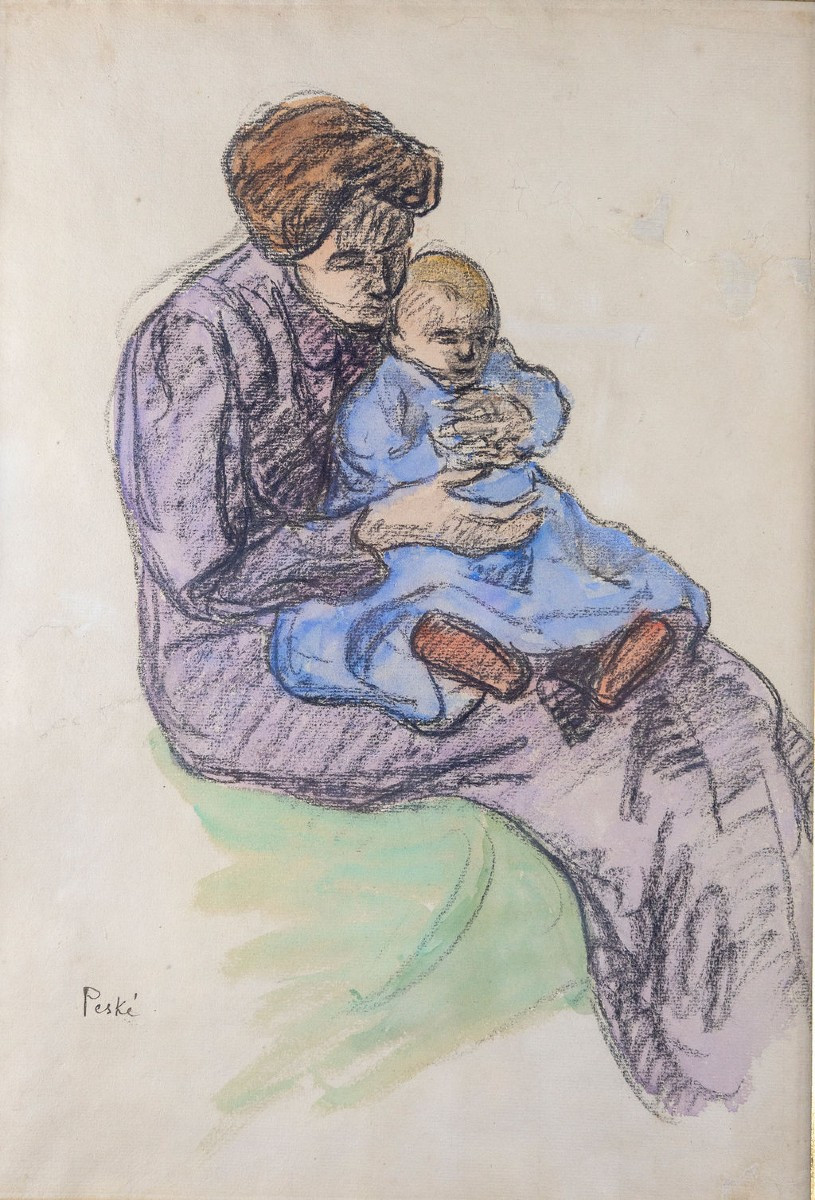 Jean Peské 1870 -1949 :  Maternité Encre et aquarelle, signé en bas à gauche