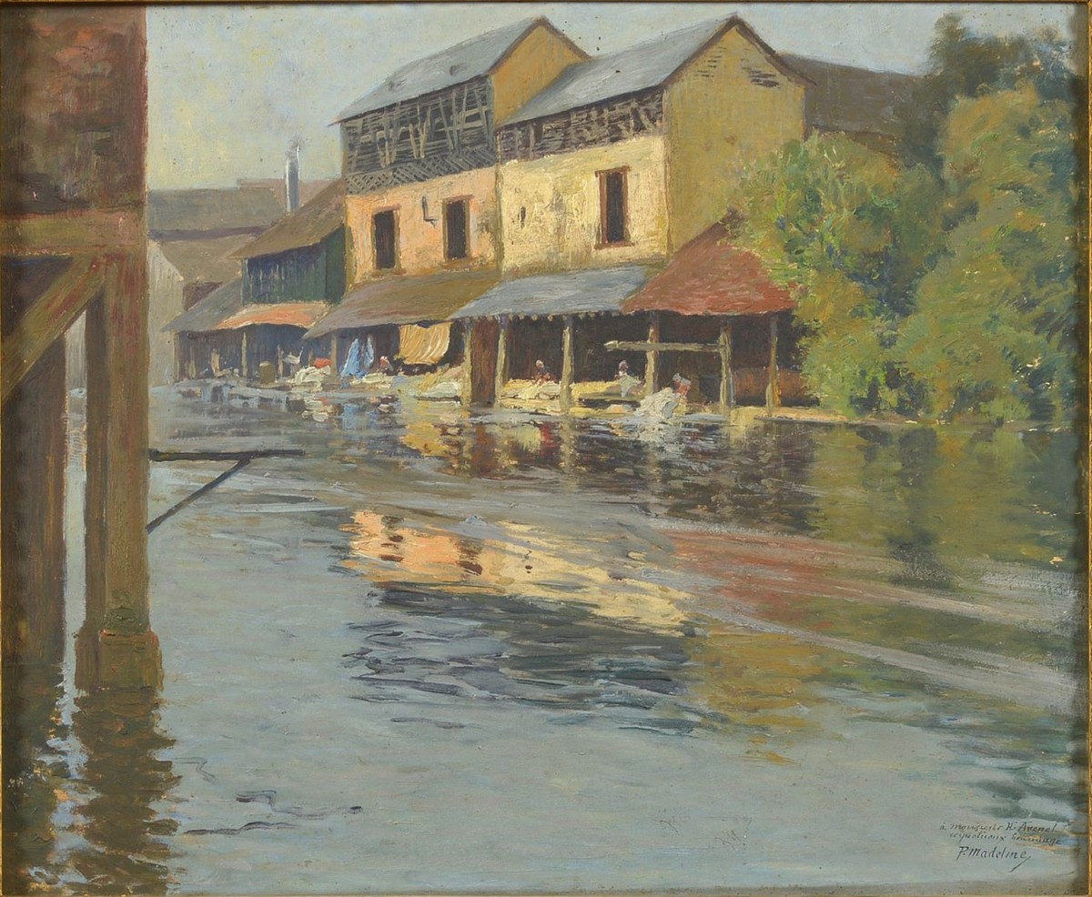 MADELINE Paul (1863 - 1920)  "Lavoir sur la rivière en Bretagne". Signé et dédicacé