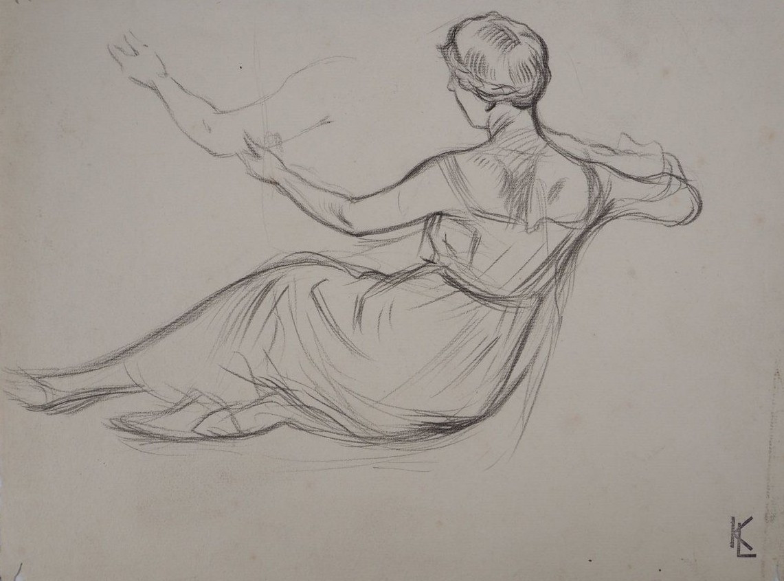 Léopold Franz Kowalski Woman Reclining On Her Back, Charcoal, Monogrammed,circa 1900, Framed