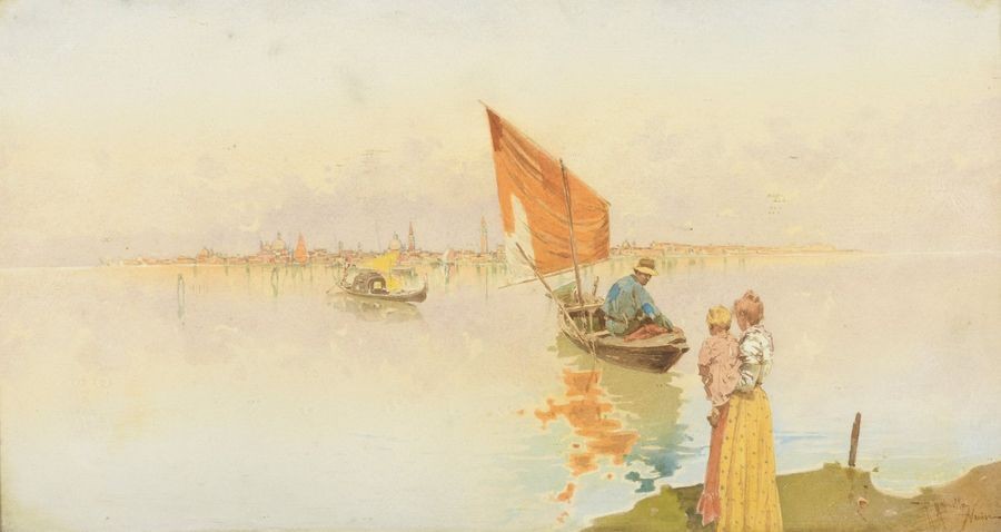 Raffaele MAINELLA (1856-1941) Mère et son enfant face  à la lagune de Venise. Aquarelle signée 