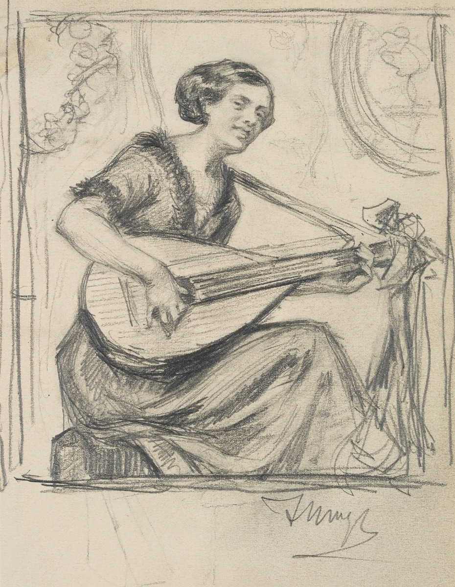 johannes MOGK (1868-1921), Musicienne au luth et fillette  jouant au verso. Crayon noir