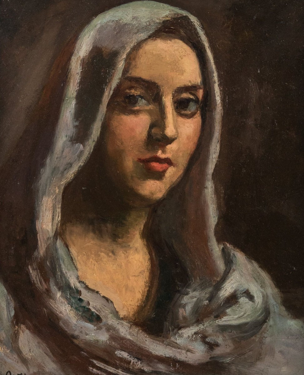 Manuel Ortiz De Zarate (1886-1947) :double-sided Oil: Woman With Scarf+apple Basket