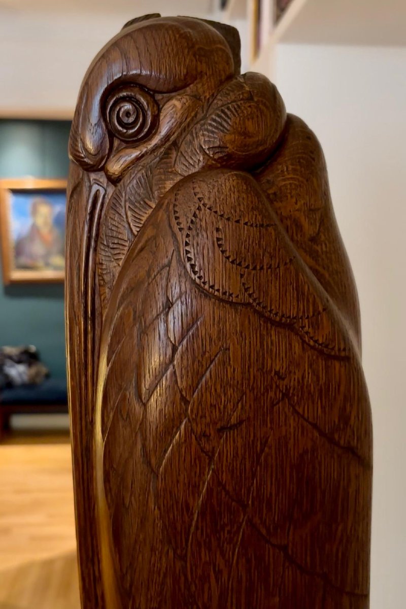 Paul Follot (1877-1941) Marabou Bird Adorned With Vegetal Scrolls, Oak Sculpture-photo-2
