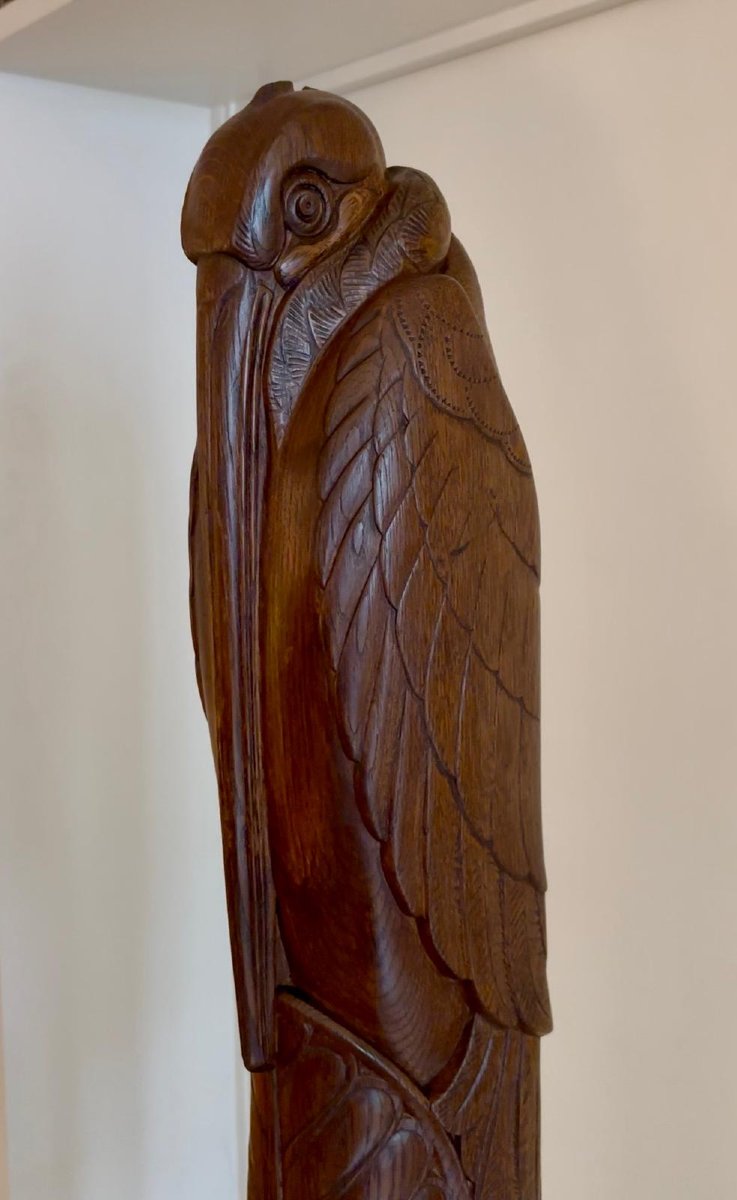 Paul Follot (1877-1941) Marabou Bird Adorned With Vegetal Scrolls, Oak Sculpture-photo-3